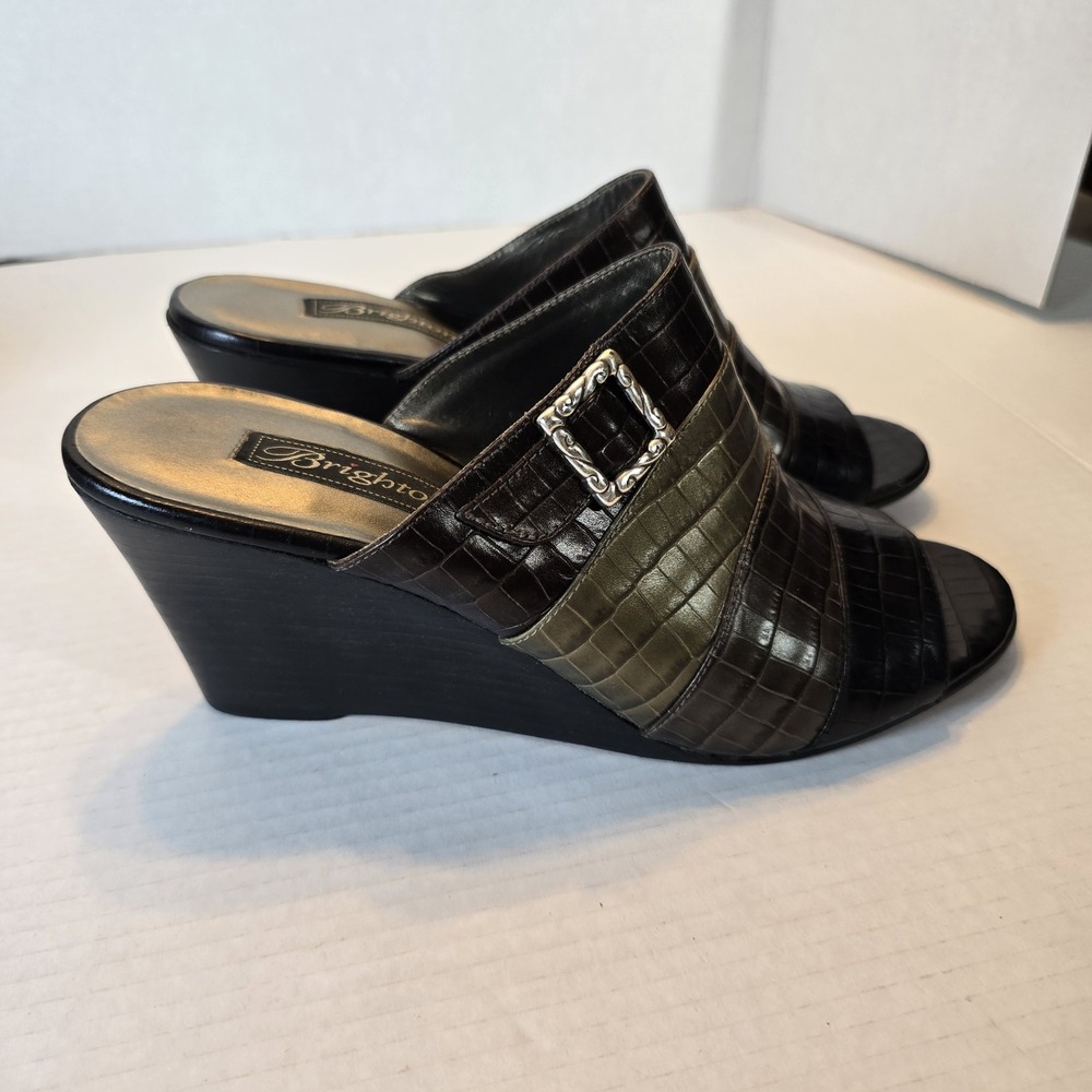 WOMEN BRIGHTON ROBIN WEDGE SANDALS GREEN BRN CROCO PRINT LEATHER SHOES 10 M